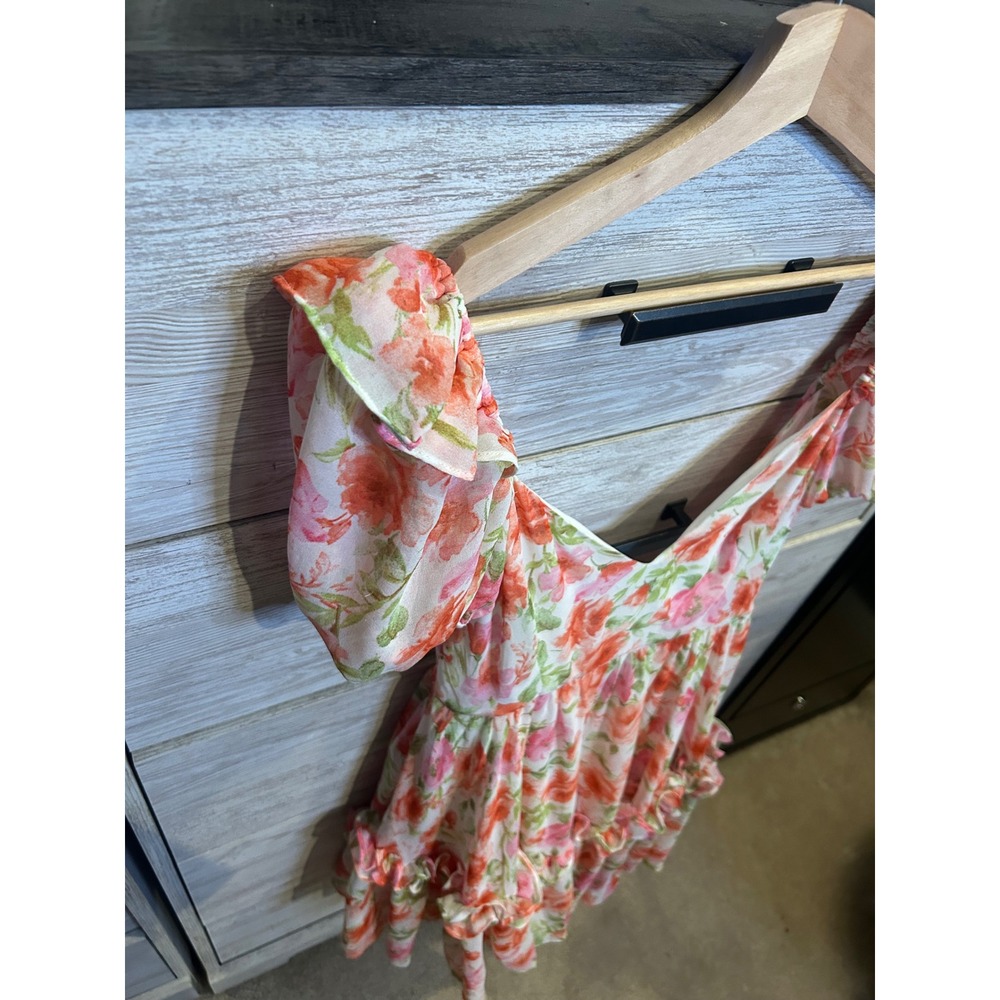 MOD On Trend Pure Elfin Rosie Puff Sleeve Floral Mini Dress Orange Pink Small - Picture 2 of 6